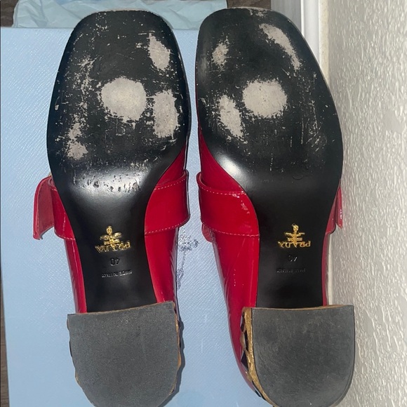 Prada Women's Red Patent Leather Loafers with Gold Accents - Picture 10 of 16